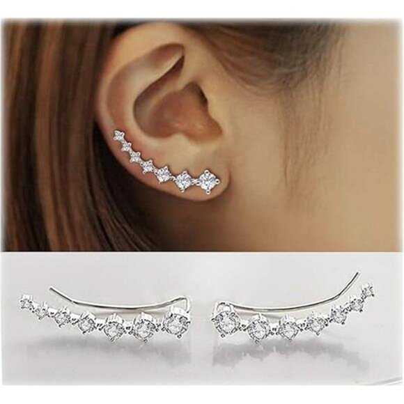 Sterling Silver Climber Earrings for Women 7Crystals Ear Cuffs Cartilage Jewelry - Picture 7 of 7